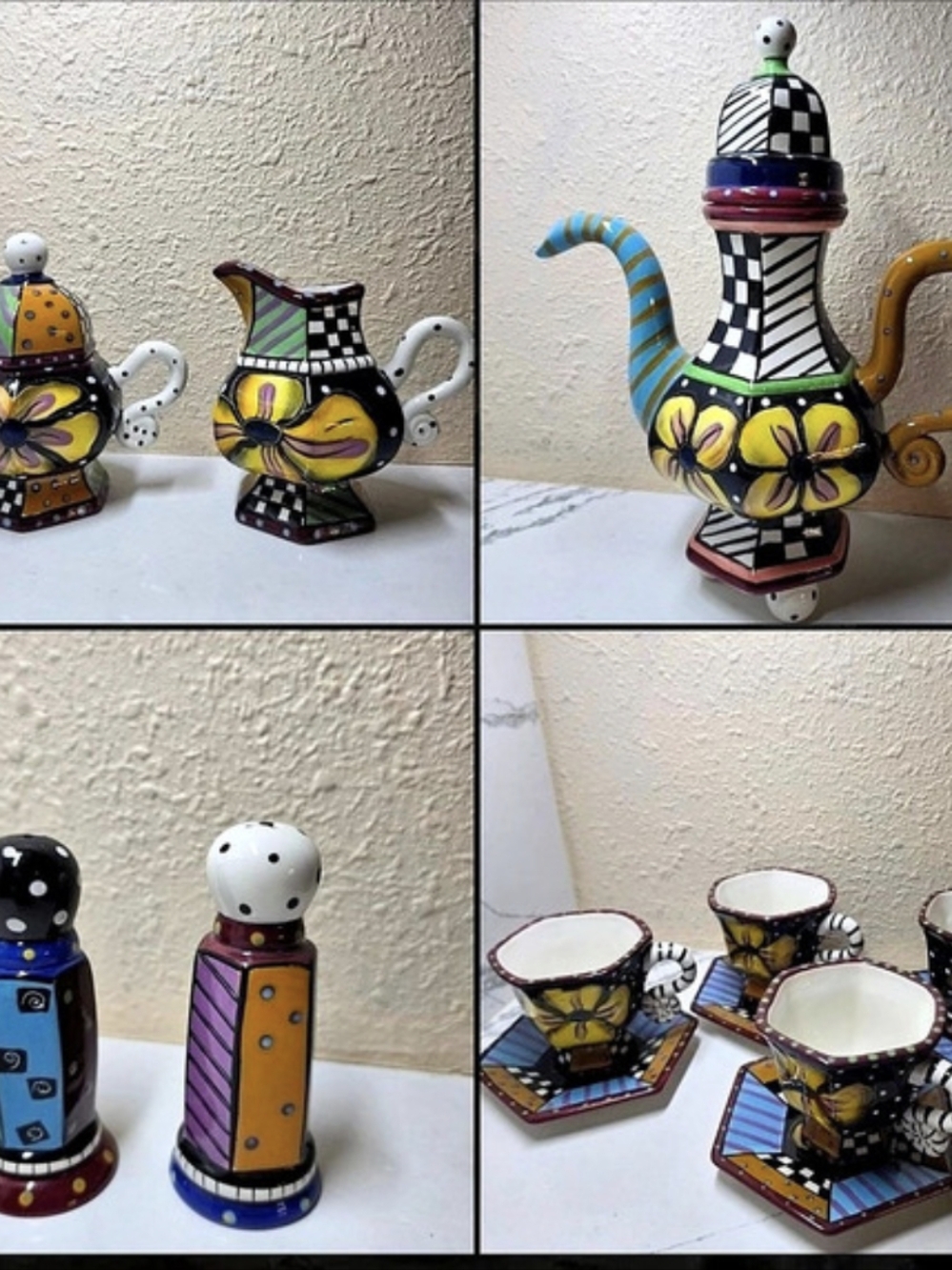 Studio Design Works hand-painted floral/checkerboard dinnerware set